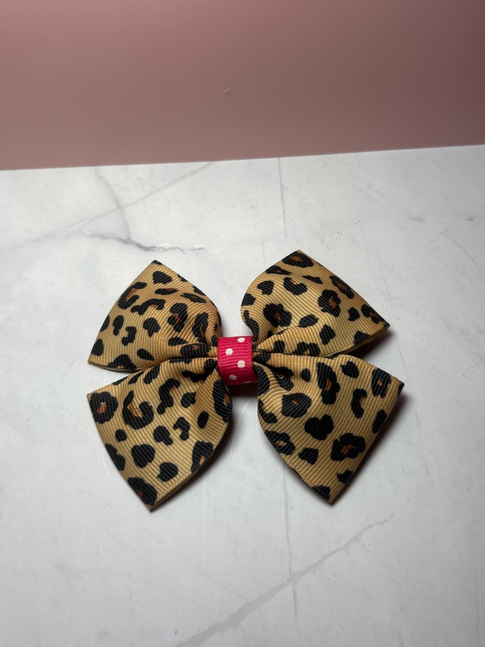 Cheetah Print Hair Bow with Hot Pink Polka Dot Center
